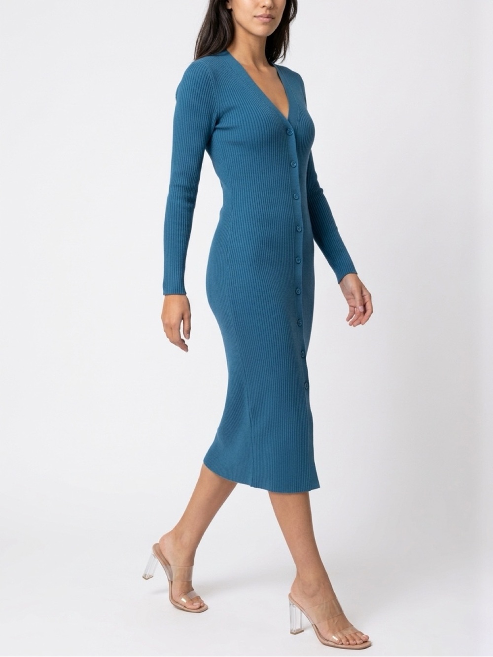 Beautiful Ronny Kobo Long Blue Button-Front Knit Sweater Dress Small